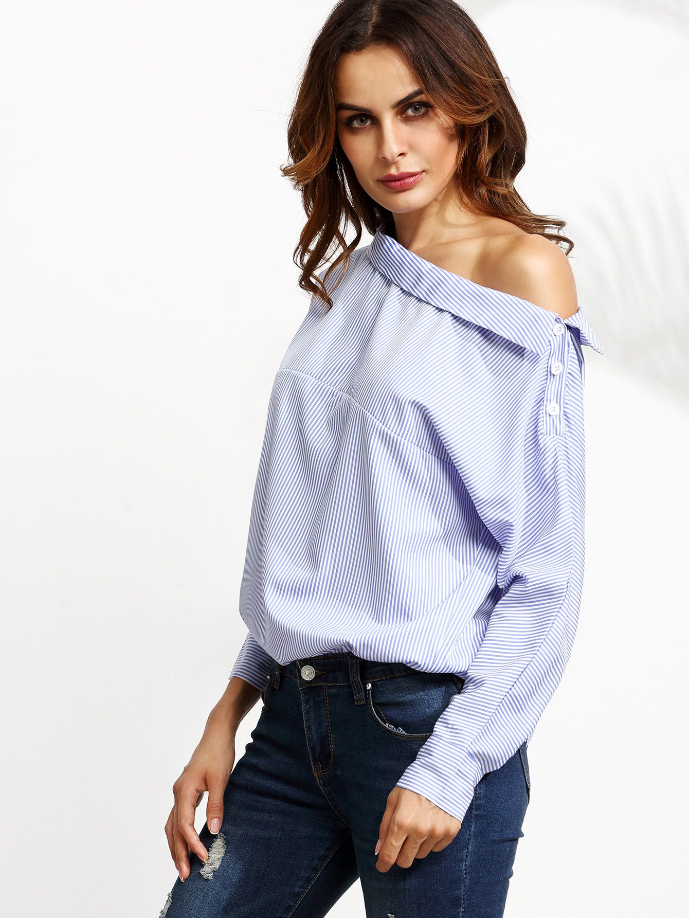 Blue Vertical Striped One Shoulder Button Blouse | SHEIN