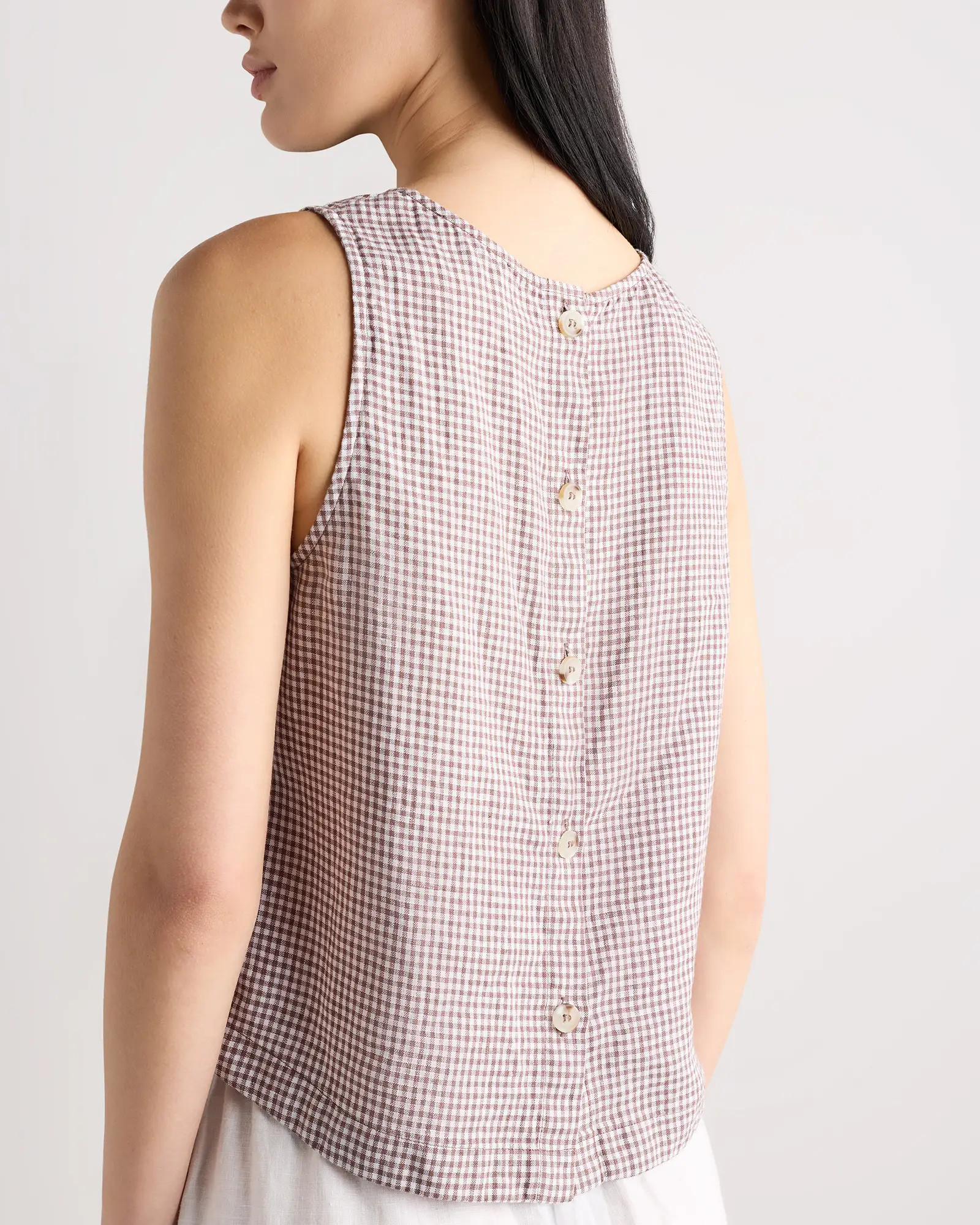 100% European Linen Cropped Tank in Taupe Brown Gingham | Quince
