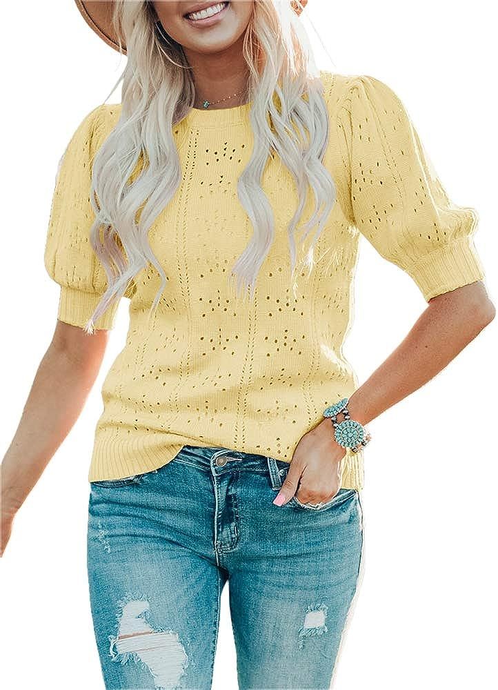 Foshow Womens Puff Short Sleeve Sweaters Tops Summer Soft Crew Neck Dot Pullover Shirt Lightweigh... | Amazon (US)