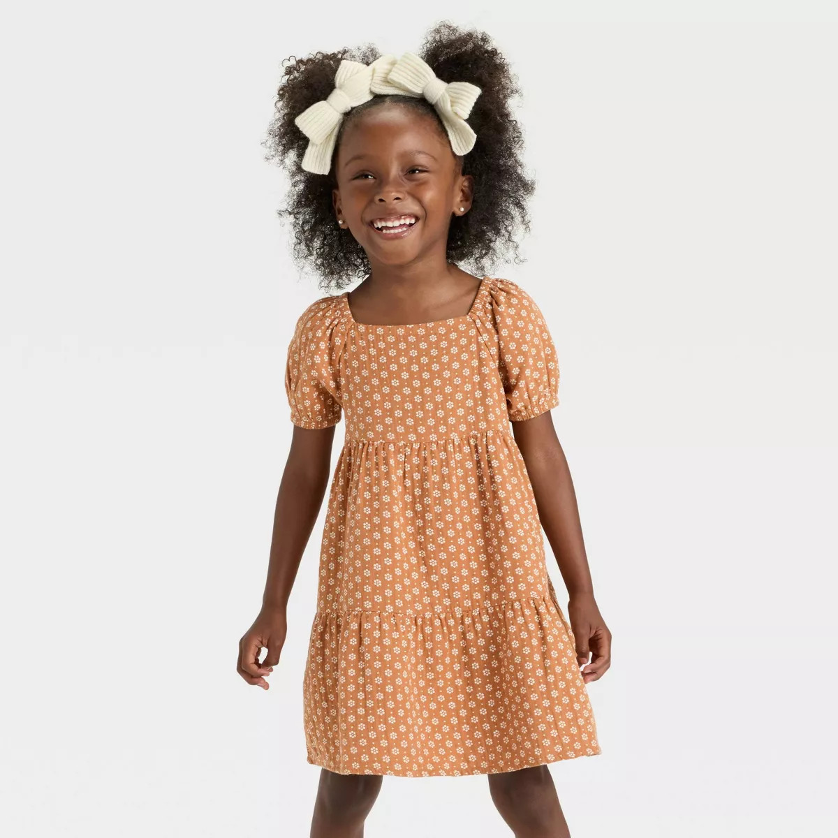 Toddler Girls' Floral Printed Woven Dress - Cat & Jack™ Light Brown 12M | Target