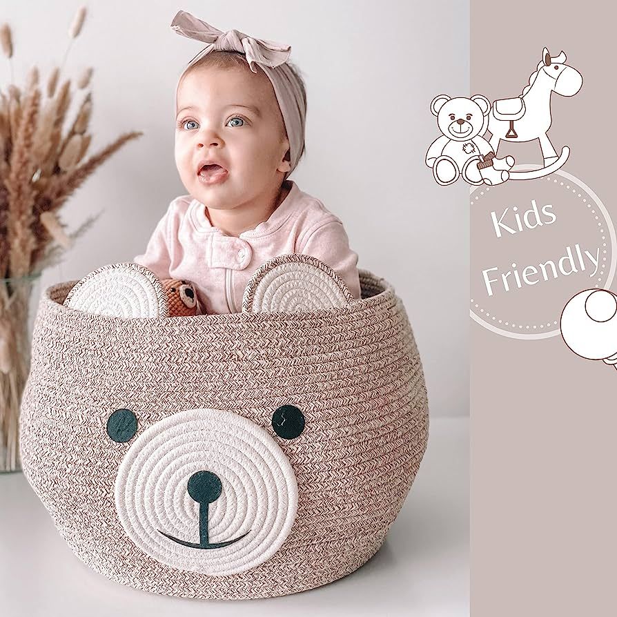 W Design Round Bear Toy Basket - Rope basket– Cute baby Laundry Basket Organizer for Toys, Blan... | Amazon (US)