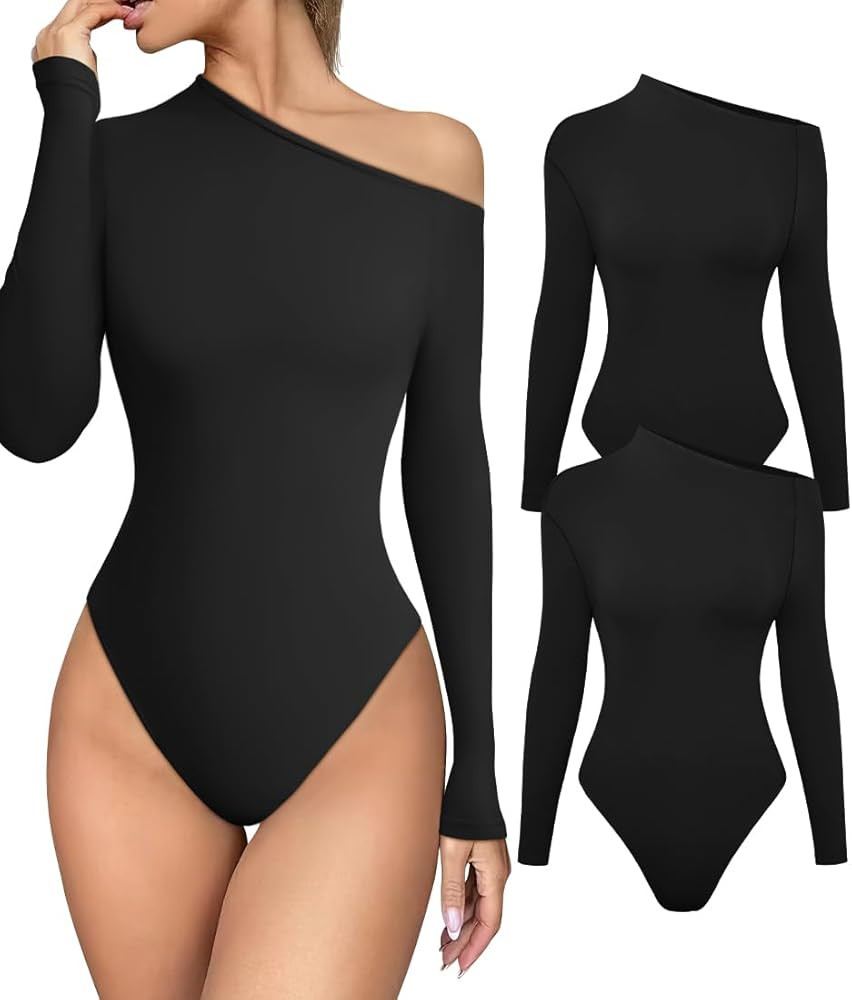 HYZ Women's 2 Piece Going Out Leotards Long Sleeve Slim Fit Comfy Bodysuit Tops | Amazon (US)