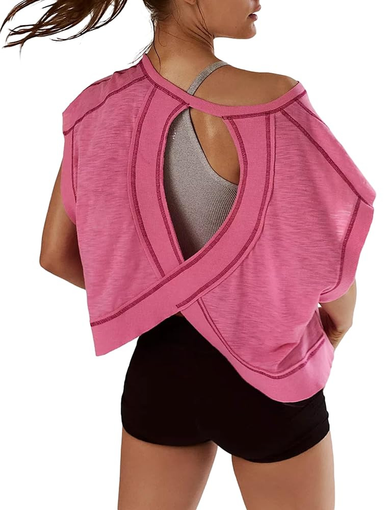 Women Short Sleeve Workout Shirts Open Back Tops Casual Yoga Y2k Athletic Gym Slouchy Crop Runnin... | Amazon (US)