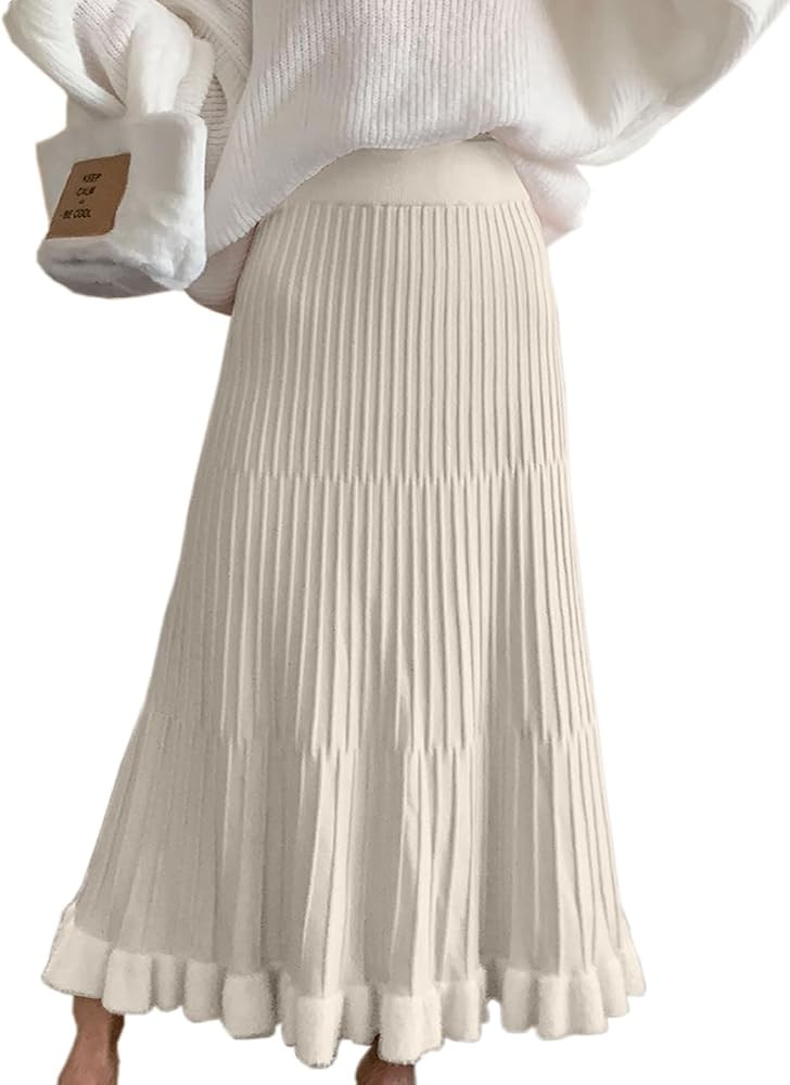 Tikwek Women's Knitted Half Skirt Casual High Waist Slim Midi Skirt Ruffle A-line Pleated Skirt | Amazon (US)
