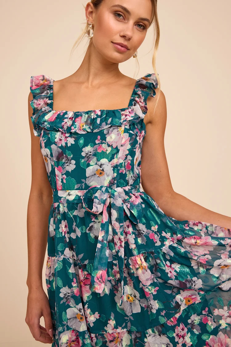 Shela Teal Floral Jacquard Tiered Midi Dress | over 40 fashion | over 40 midsize  | Lulus