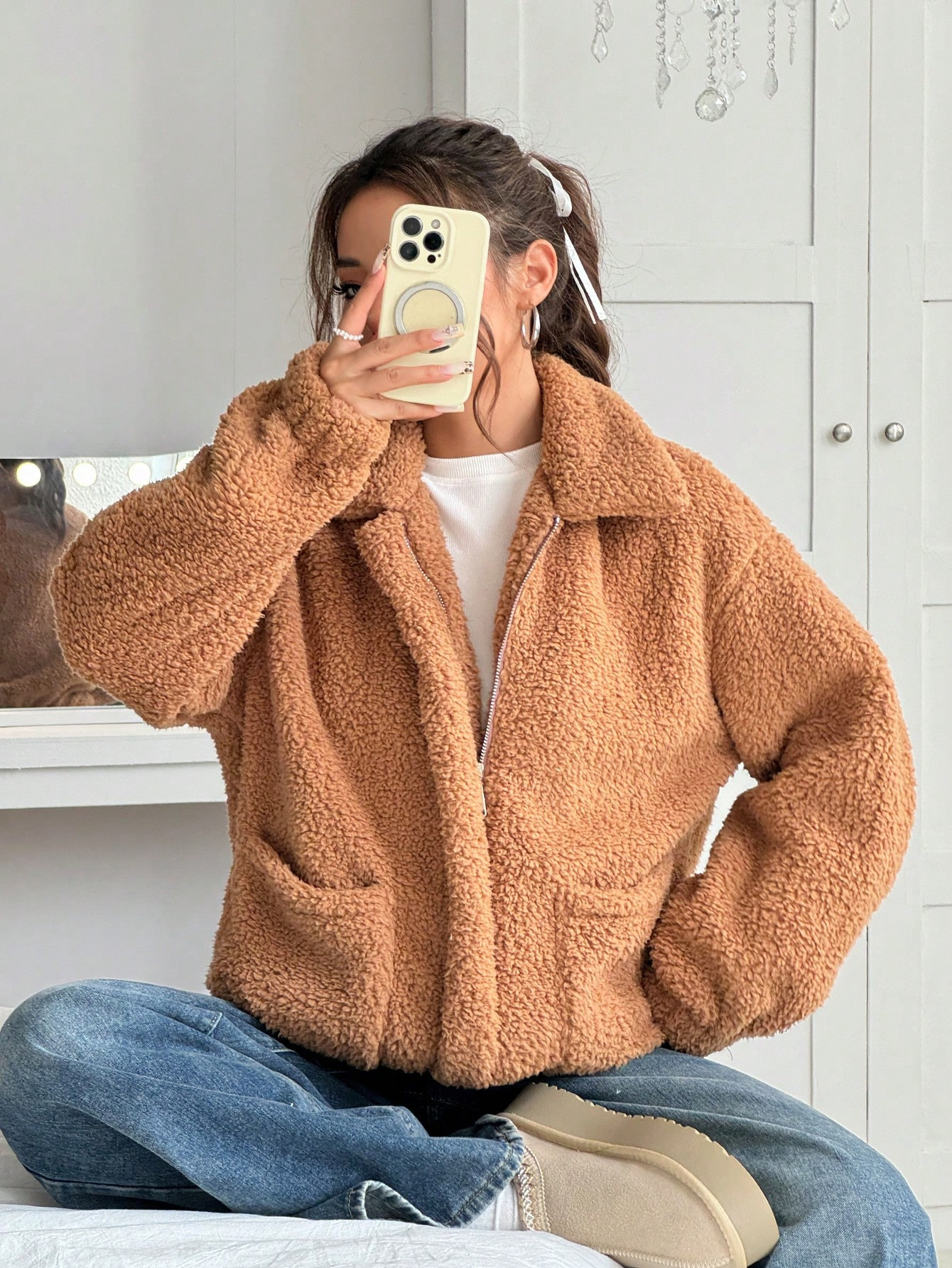 SHEIN EZwear Solid Color Long Sleeve Pocket Minimalist Fleece Casual Regular Jacket | SHEIN