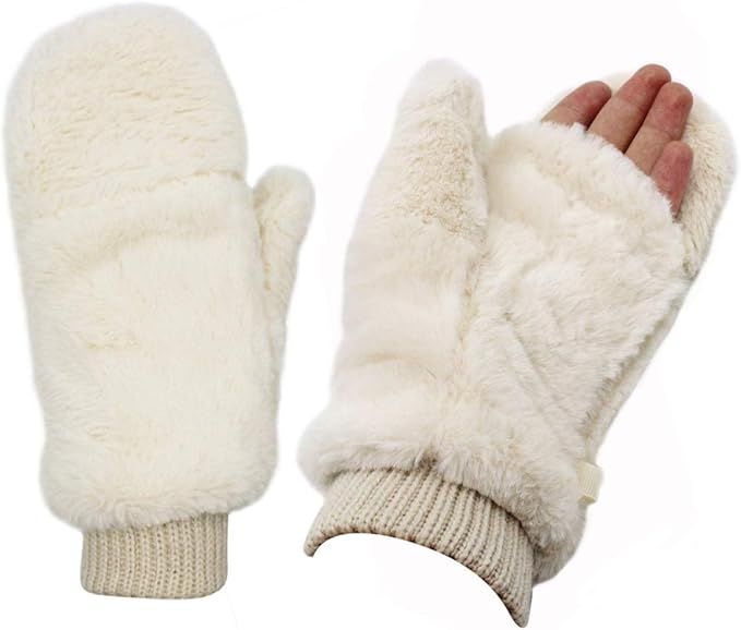 JUMISEE Women Winter Faux Fur Flip Cover Mittens Warm Soft Half Finger Fingerless Gloves | Amazon (US)