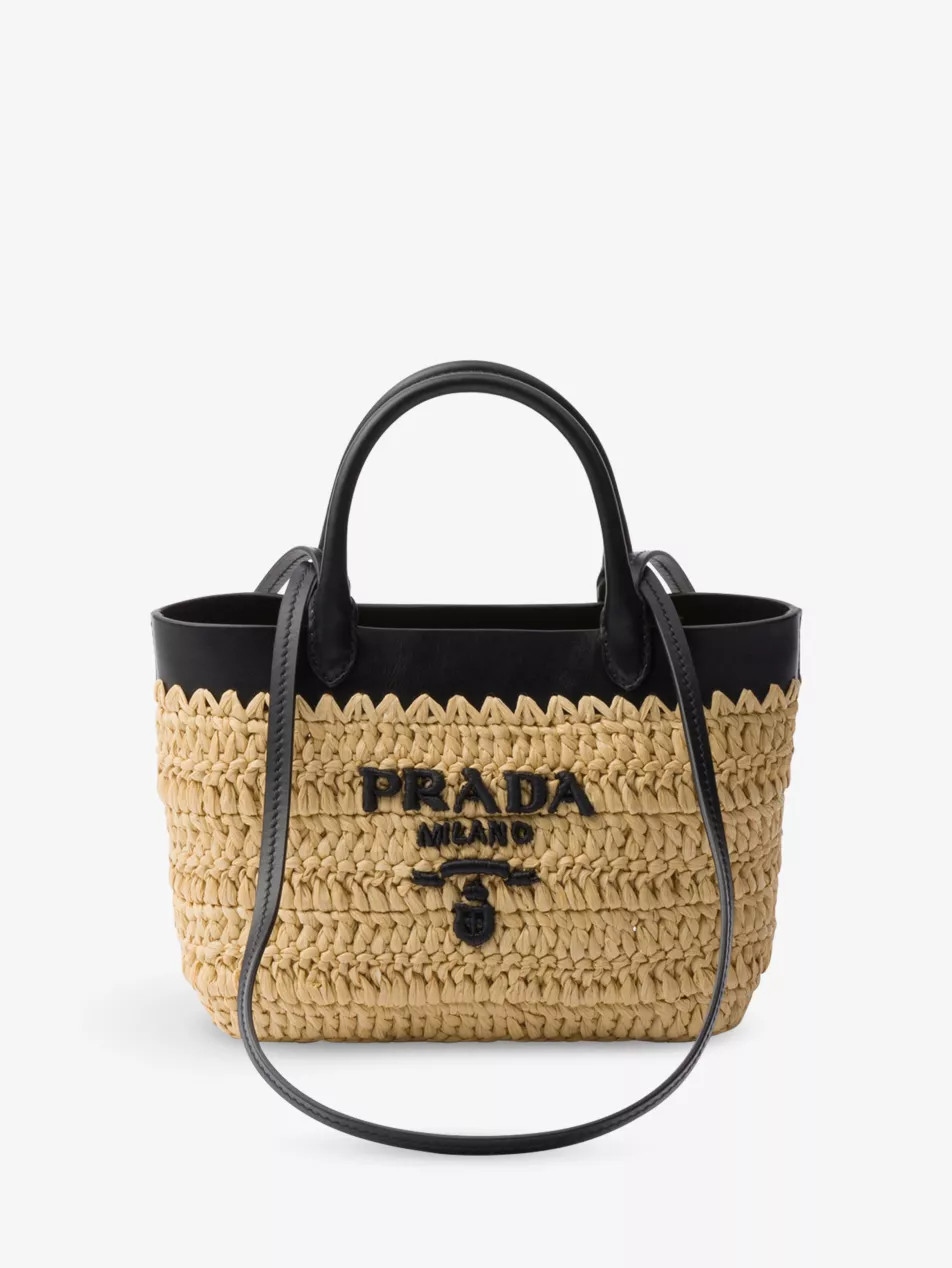 Logo-embroidered mini crochet and leather tote bag | Selfridges