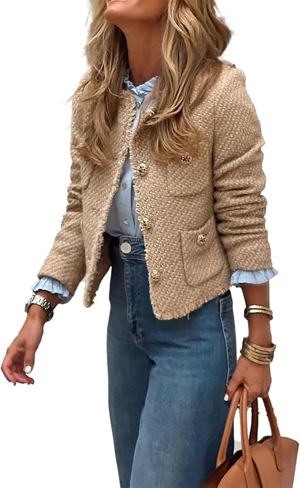 hathne Womens Tweed Blazers Jackets Casual Long Sleeve Button Down Cropped Jacket Coat Tops with ... | Amazon (US)