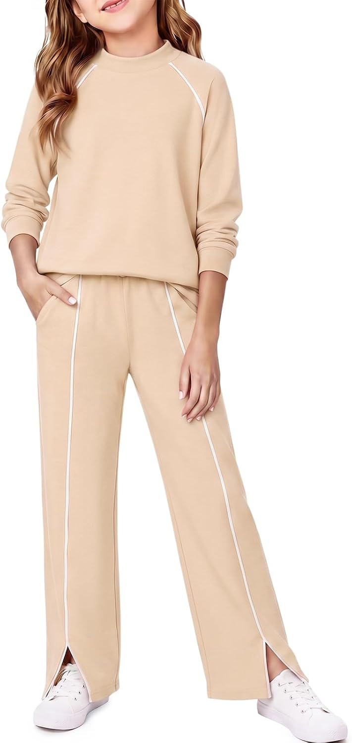 Haloumoning Girls Raglan Sleeve Sweatshirt Split Hem Wide Leg Pants Set | Amazon (US)