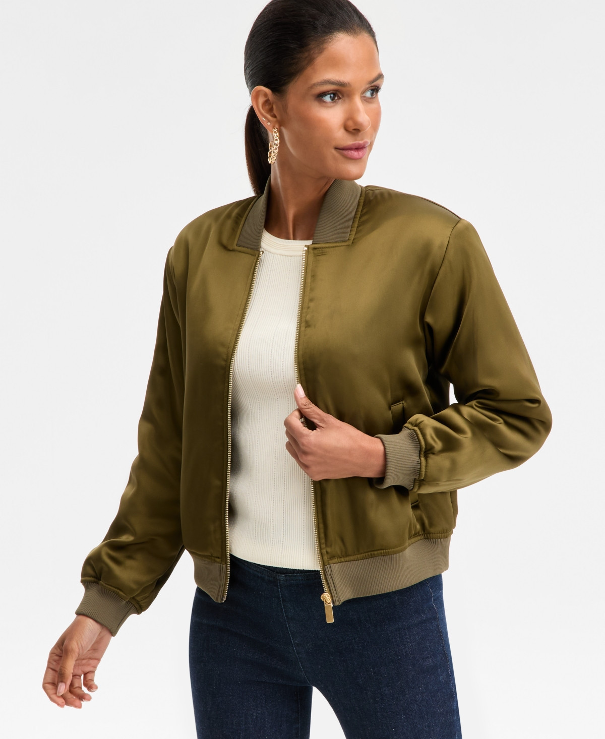 I.n.c. International Concepts Women's Satin Bomber Jacket, Macy's Exclusive - Dark Olive | Macy's