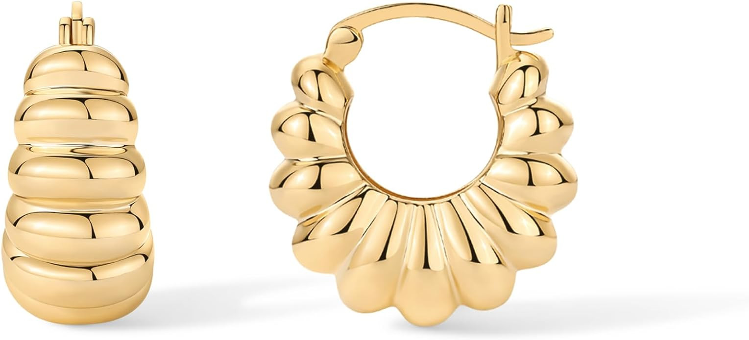 PAVOI 14K Gold Plated Bold Statement Hoop Earrings for Women - Trendy Boho Ribbed Croissant Scall... | Amazon (US)