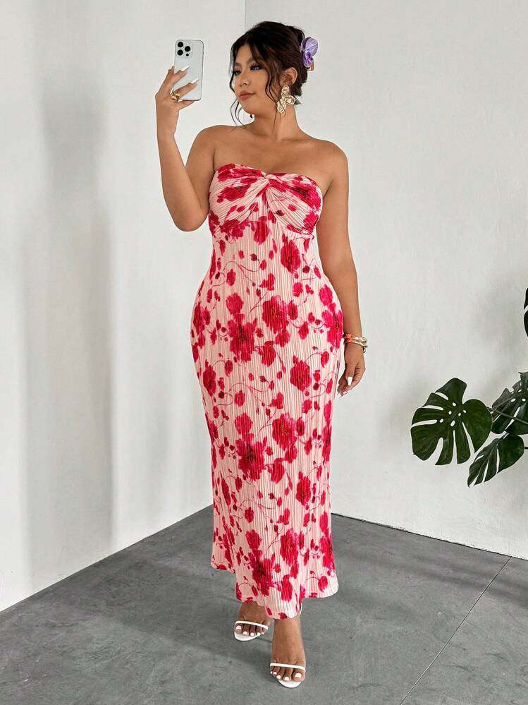Firerie Plus Size Women's Elegant Romantic Vacation Pleated Maxi Dress, Red Ombre Floral Print A-Line Waist Tie Flowy Vacation, Wedding Season Sexy Beach Western Festival Summer Outfit Bohemian Maxi Dress,Summer Dresses For Women,Maxi Dress,Wedding Guest Dress Women | SHEIN