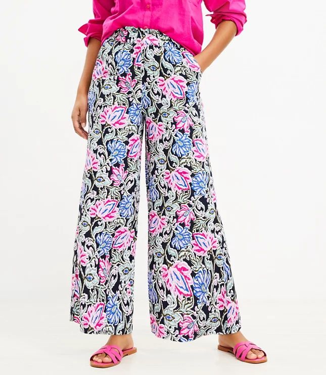 Fluid Pull On Wide Leg Pants in Floral Linen Blend | LOFT