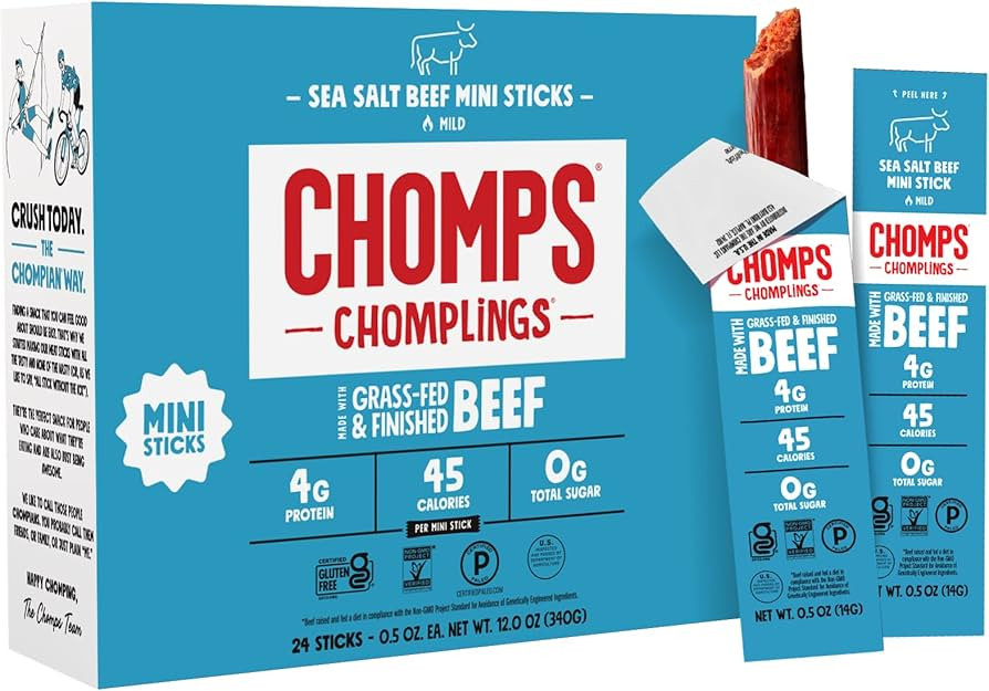 Chomps Snack Size Grass-Fed and Finished Sea Salt Beef Jerky Snack Sticks 0.5oz 24-Pack - Keto, P... | Amazon (US)