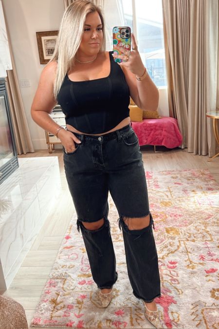 curvy sexy all black look for going out! wearing size large in corset top {i sized down} and size 32 in black loose denim 

#LTKSeasonal #LTKcurves #LTKunder100