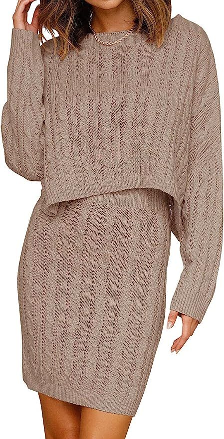 Womens Cable Knit Sweater Dress 2pcs Long Sleeve Pullover Oversized Batwing Crop Top Mini Bodycon... | Amazon (US)