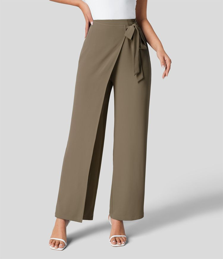 High Waisted Tie Side Invisible Zipper Wide Leg Work Suit Pants | HALARA