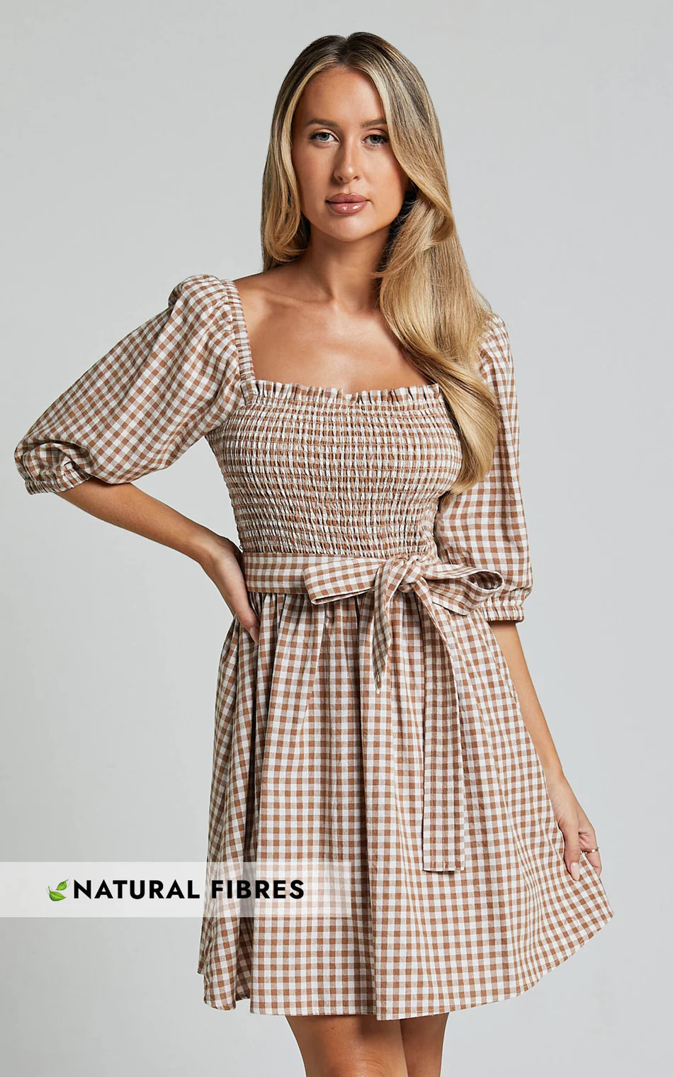 Liza Mini Dress - Shirred Bodice Short Sleeve Tie Dress in Caramel and White Gingham | Showpo (US, UK & Europe)