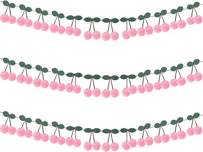 3 Pack Cherry Garland Decoration Felt Cherries Birthday Garland Banner DIY Fruit Hanging Decorati... | Amazon (US)