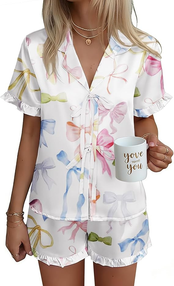Ekouaer Satin Pajama for Women Short Sleeve Silky Pj Short Set Bow Front Tie Up Loungewear Sleepw... | Amazon (US)