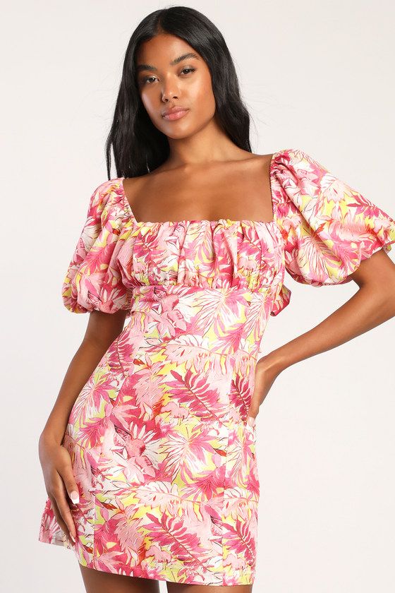 Time For A Vacay Pink Tropical Tie-Back Puff Sleeve Mini Dress | Lulus (US)