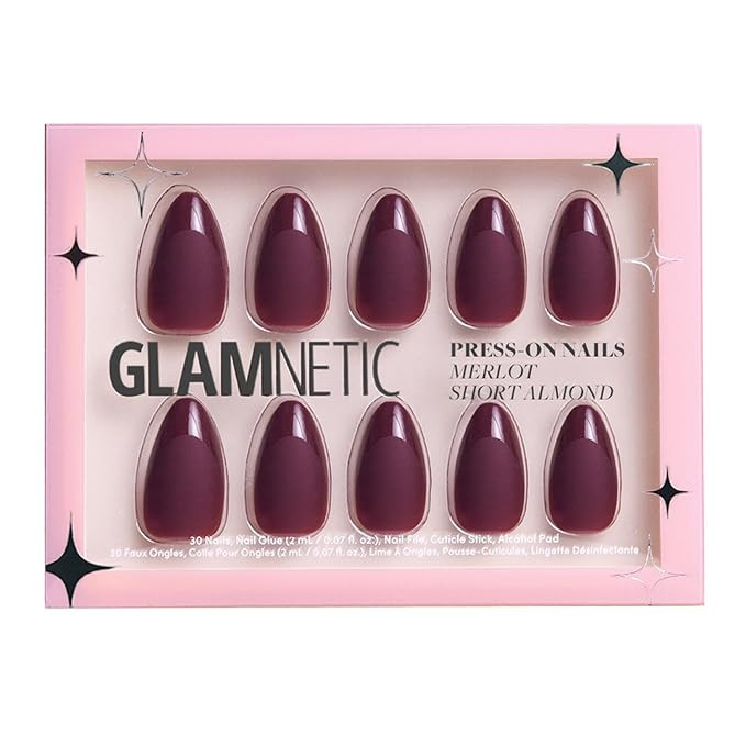 Glamnetic Press On Nails - Merlot | Short Almond Dark Red Nails with Glossy French Tips in a Matt... | Amazon (US)