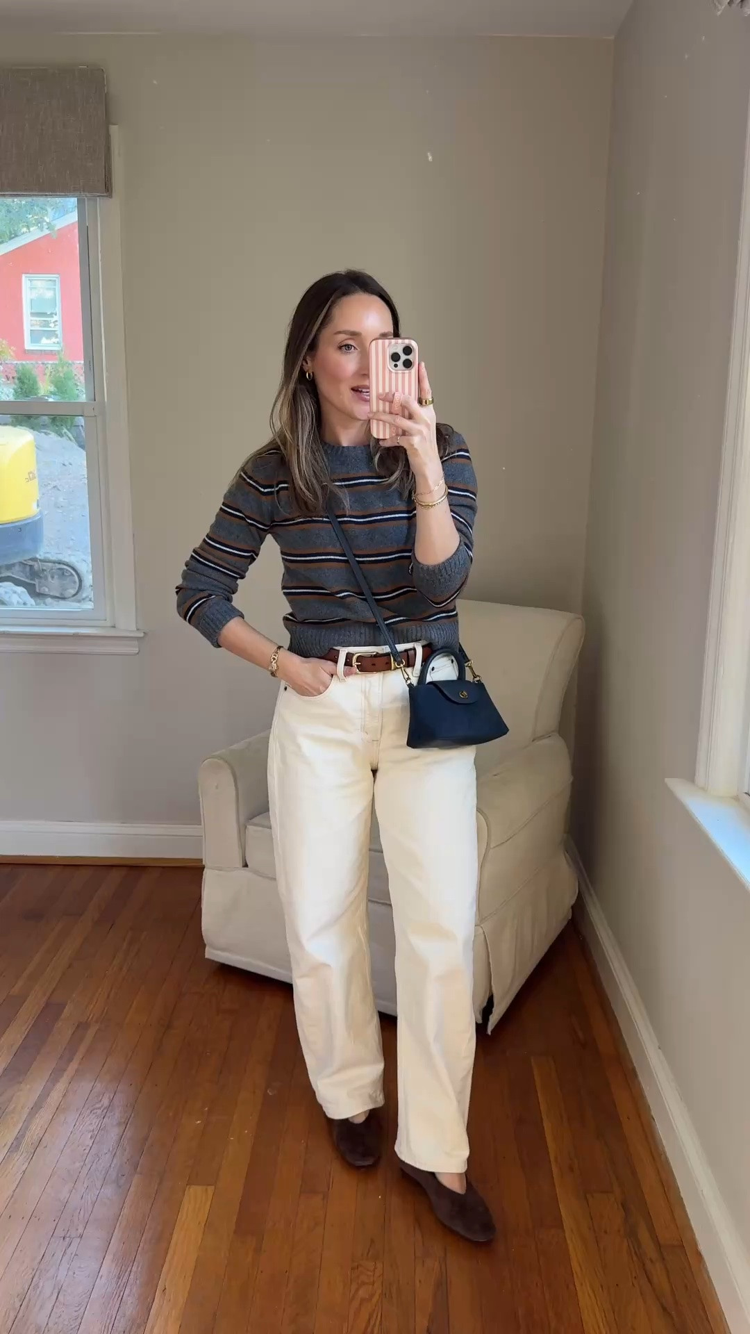 Fall outfit idea. Sweater is from Madewell and is 100% Marino wall. Wearing a size small. This runs slightly small. Jeans are a size 26 regular. ￼