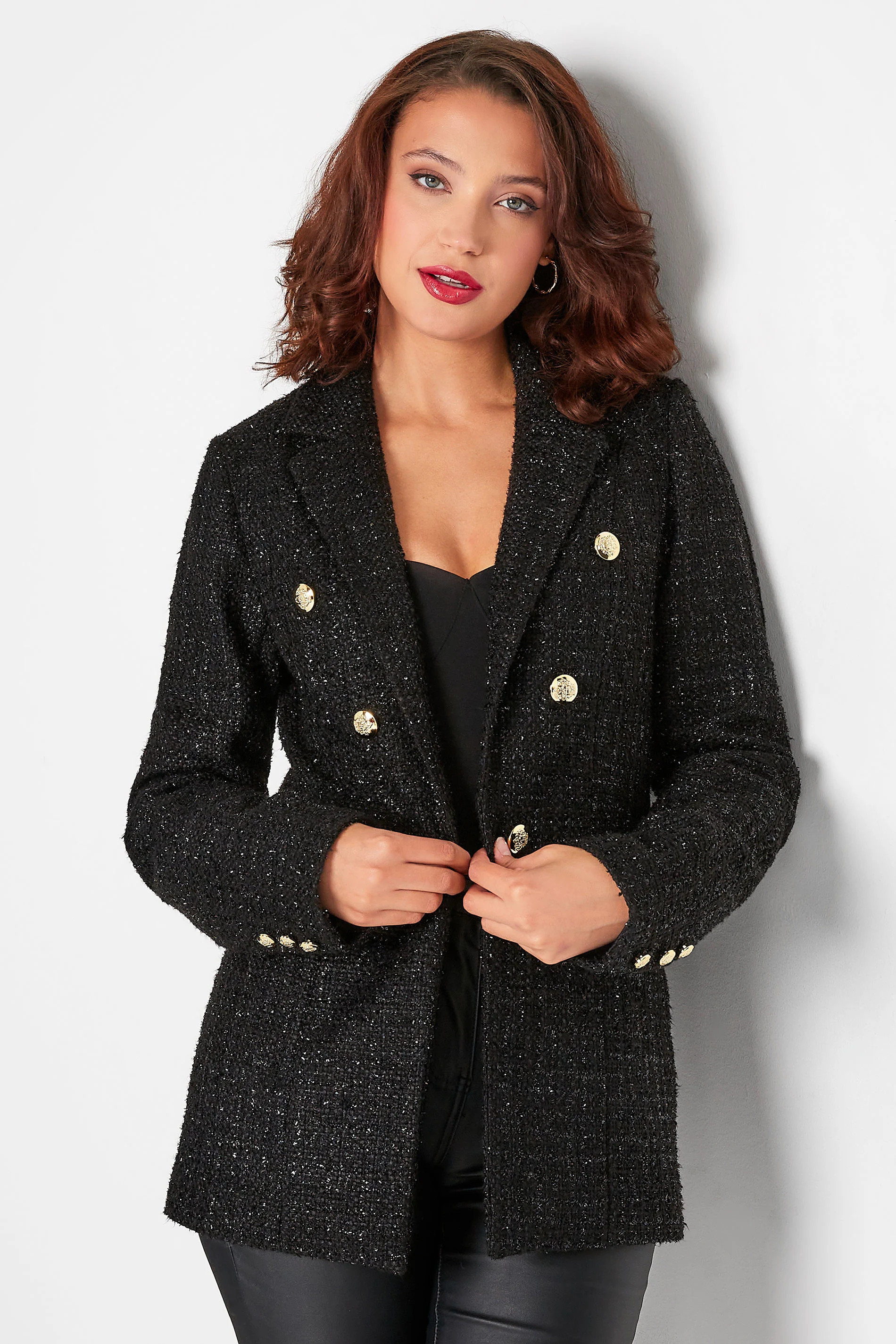 LTS Tall Black Sparkle Boucle Button Detail Blazer | Long Tall Sally