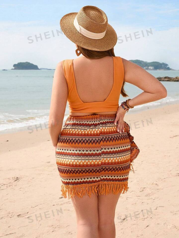 SHEIN VCAY Women's Plus Size Knit Top With Tassel Detail And Skirt Holiday Set | SHEIN