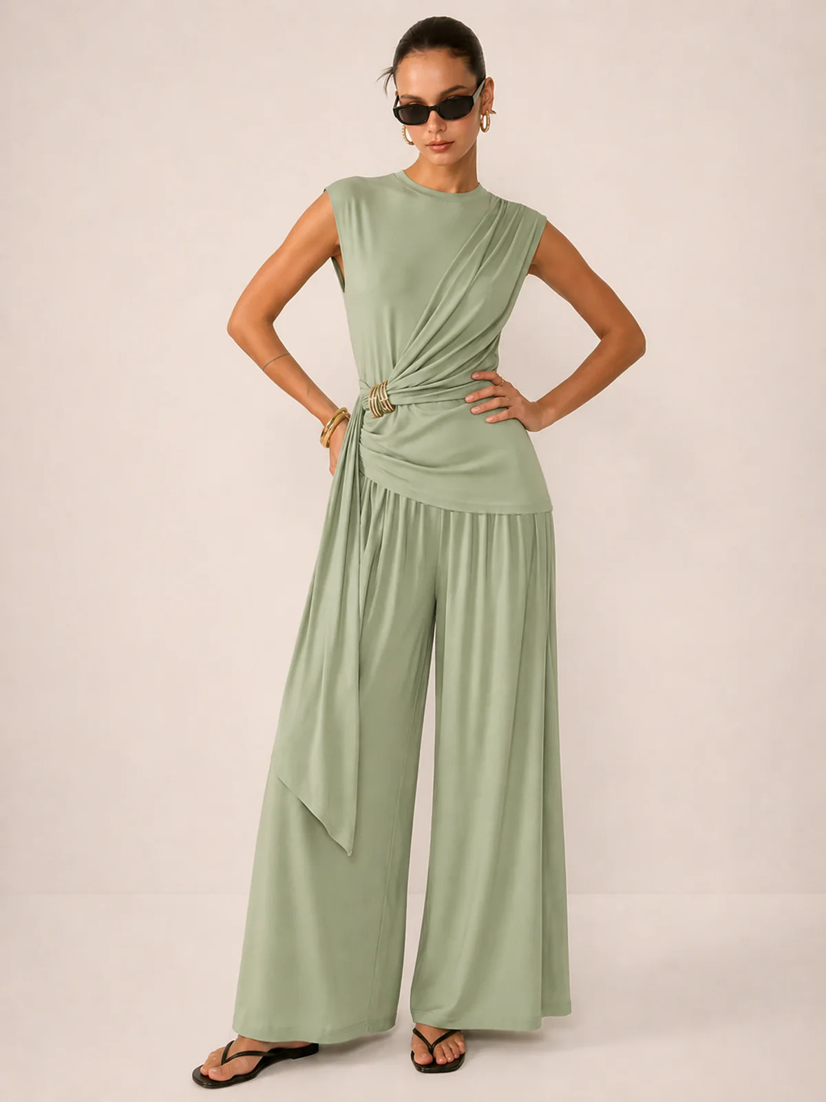 Draped Jersey Top & Wide-Leg Pants Set | Commense