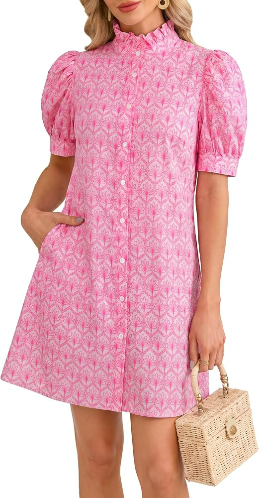 Women's Floral Shirt Mini Dress Short Puff Sleeve Button Down Ruffle Collar 2026 Summer Boho Beach Dress | Amazon (US)