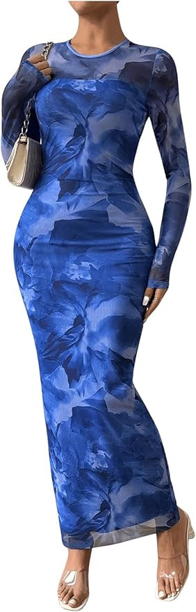 Floerns Women's Tie Dye Long Sleeve Bodycon Maxi Dress Contrast Mesh Pencil Dresses | Amazon (US)