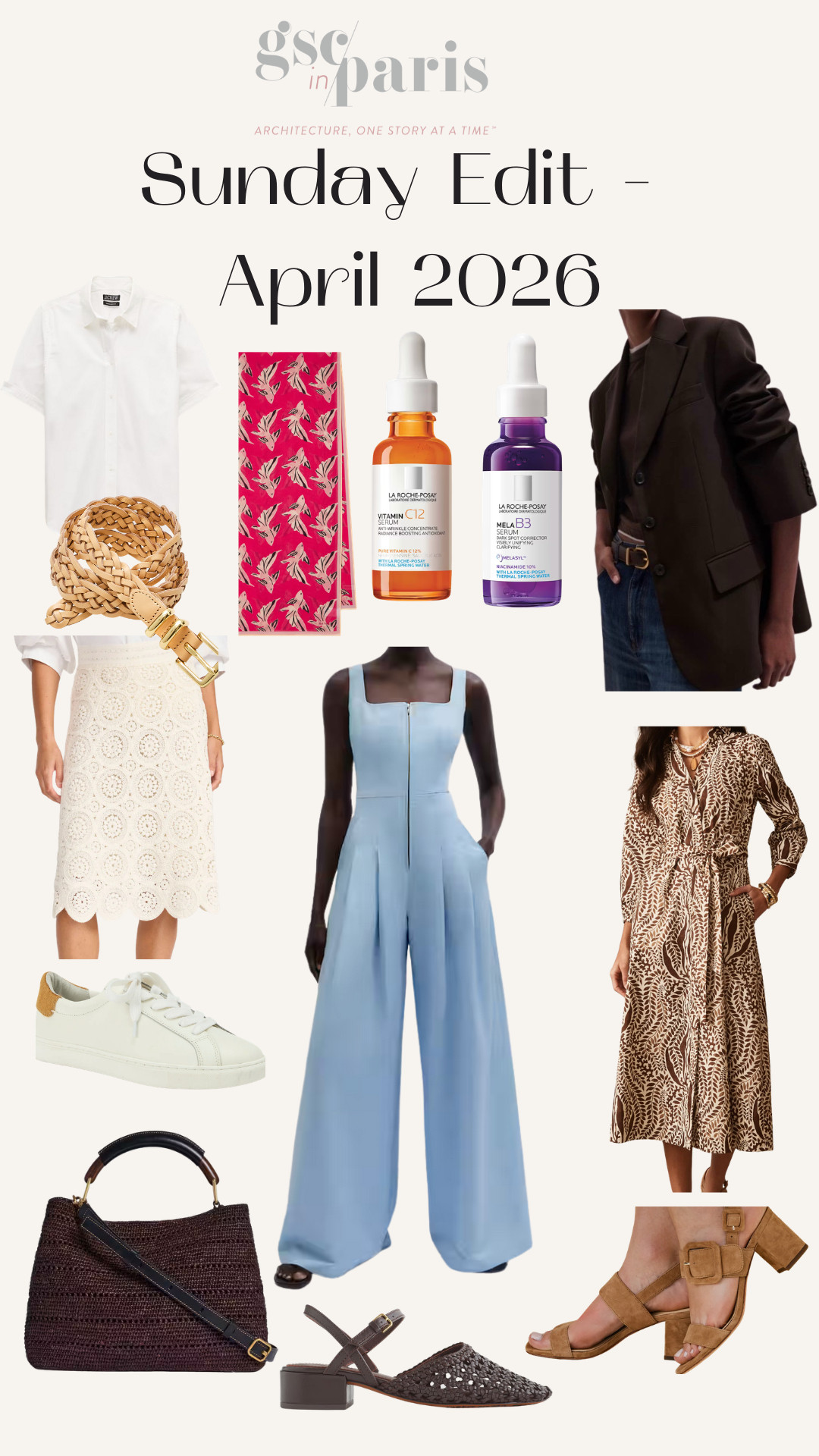 Welcome to this weekend's edit, April 2026 edition. The brown oversized blazer I wore on repeat in Paris. Some pretty sale items from J McLaughlin. A monochromatic look with crisp white shirt from J Crew and feminine lace skirt from Brochu Walker. Pops of color with the Paul Smith scarf I bought in London and some much needed French Pharmacy skin care from La Roche Posay! 

 #LTKdayinmylife #LTKOver40 #LTKSaleAlert