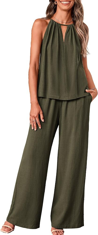 BTFBM Women's Casual Summer Two Piece Outfits Cotton Linen Sets Cutout Halter Sleeveless Top Wide... | Amazon (US)