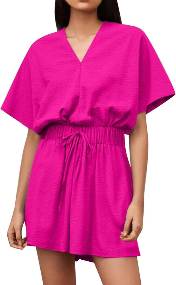 Women's V Neckline Short Sleeves Smocked Waist Straight Leg Summer Jumpsuit Romper Overall Beach ... | Amazon (US)