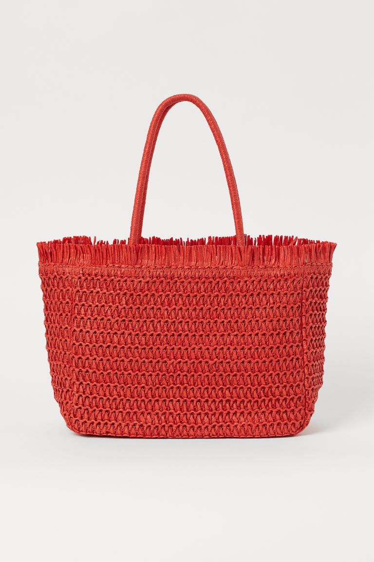Shopper in braided paper straw with fringe at top edge and two handles at top. Lined. Depth 6 1/4... | H&M (US + CA)