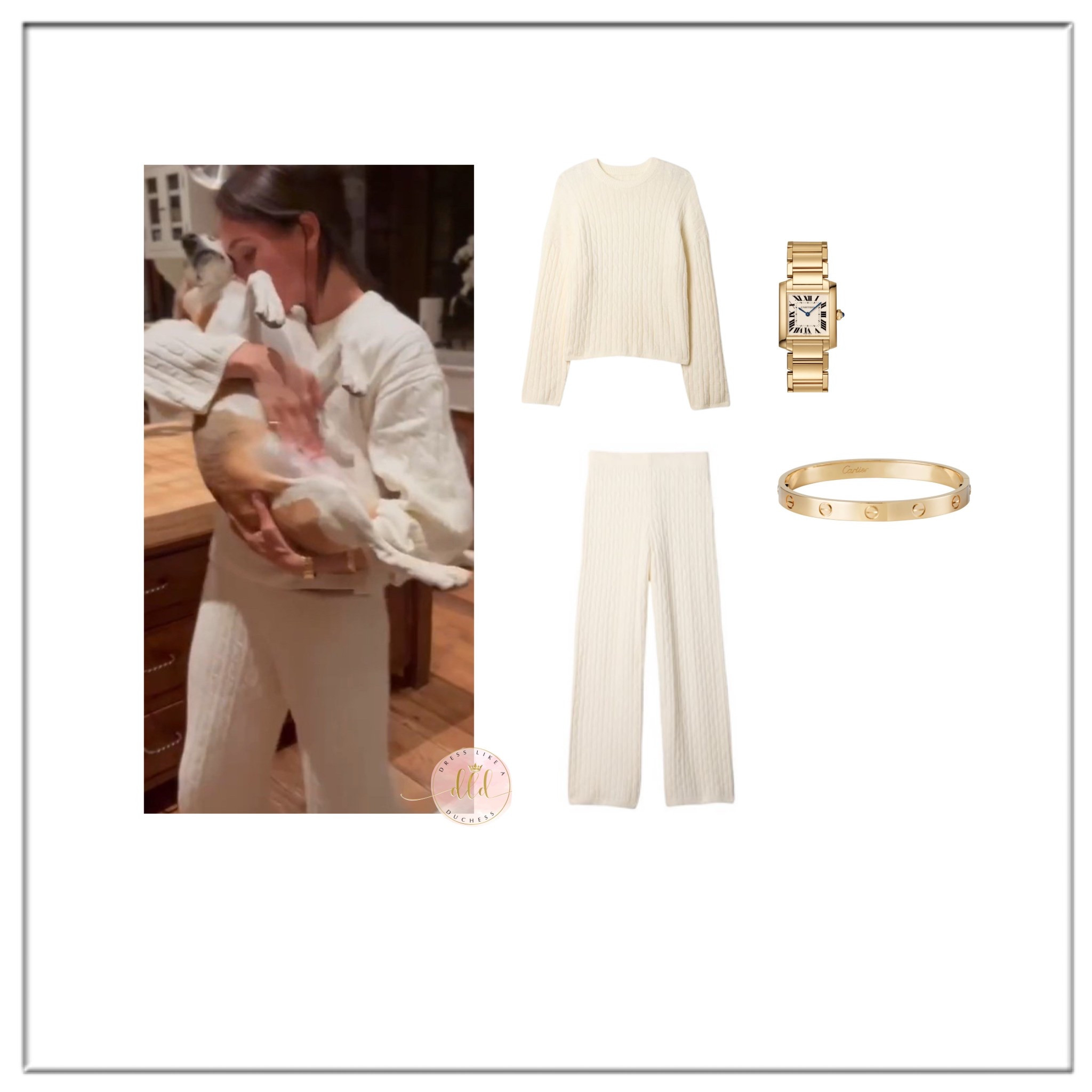 Meghan Markle 4/3/26 cooking in her kitchen on Instagram in Gap Cashsoft cable knit sweater lounge set in cream beige 

Meghan’s set is made from a fabric that feels cashmere soft.
Crafted in a mid-weight plush yarn. The loungewear two-piece is refined with a special brushed technique. 
The pants (still available) are made from a supersoft cotton-blend.