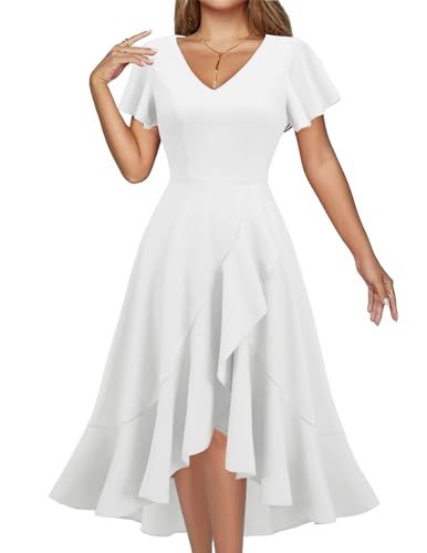 DRESSTELLS White Dresses for Women Wedding Guest Cocktail Church Tea Party Dress 2024 Formal Fit Flare V Neck Ruffle Dresses White S | Amazon (US)