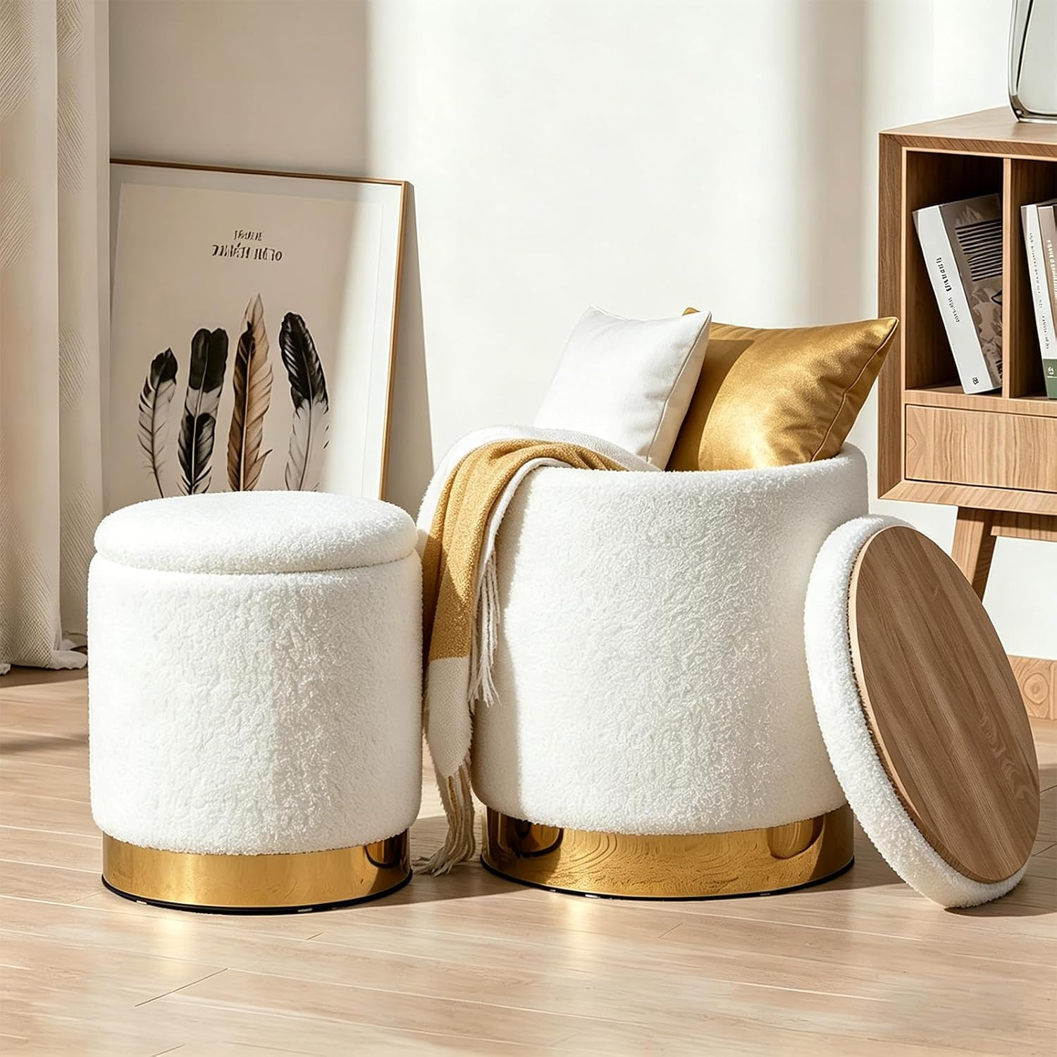 Round Ottoman with Storage, White Teddy, Set of 2 | Amazon (US)