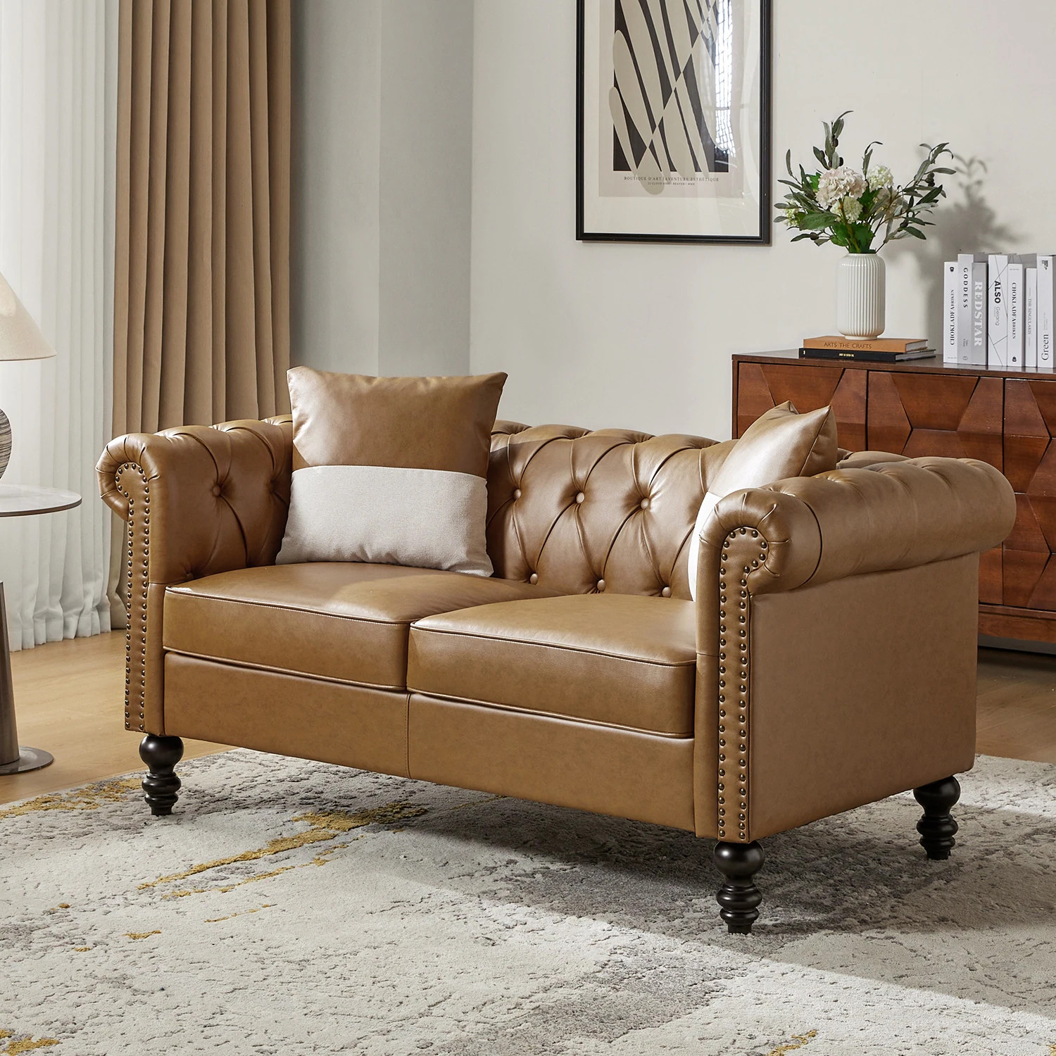 Faustina Traditional 62.2" Wide Leather Sofa with Solid Wood Legs by HULALA HOME - Camel | Overstock