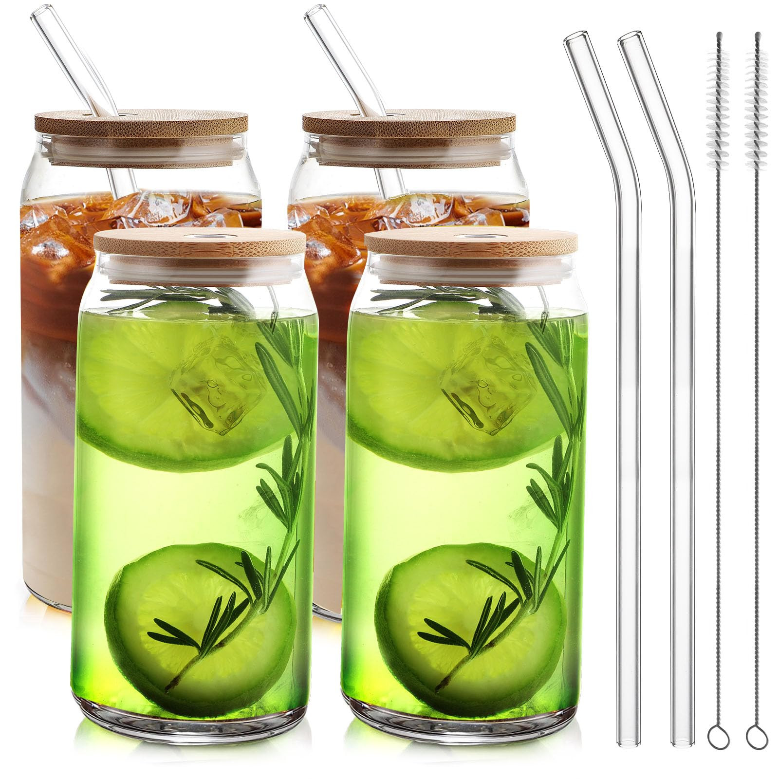 HOMBERKING Glass Cups with Bamboo Lids and Straws 4pcs Set, 16oz Can Shaped Drinking Beer Glasses... | Amazon (US)