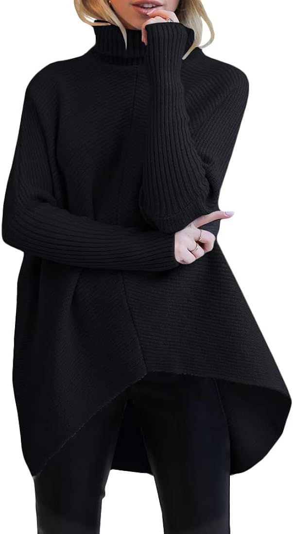 Nulibenna Womens Turtleneck Long Batwing Sleeve Knit Sweater Asymmetric Hem Chunky Pullover Winter R | Amazon (US)