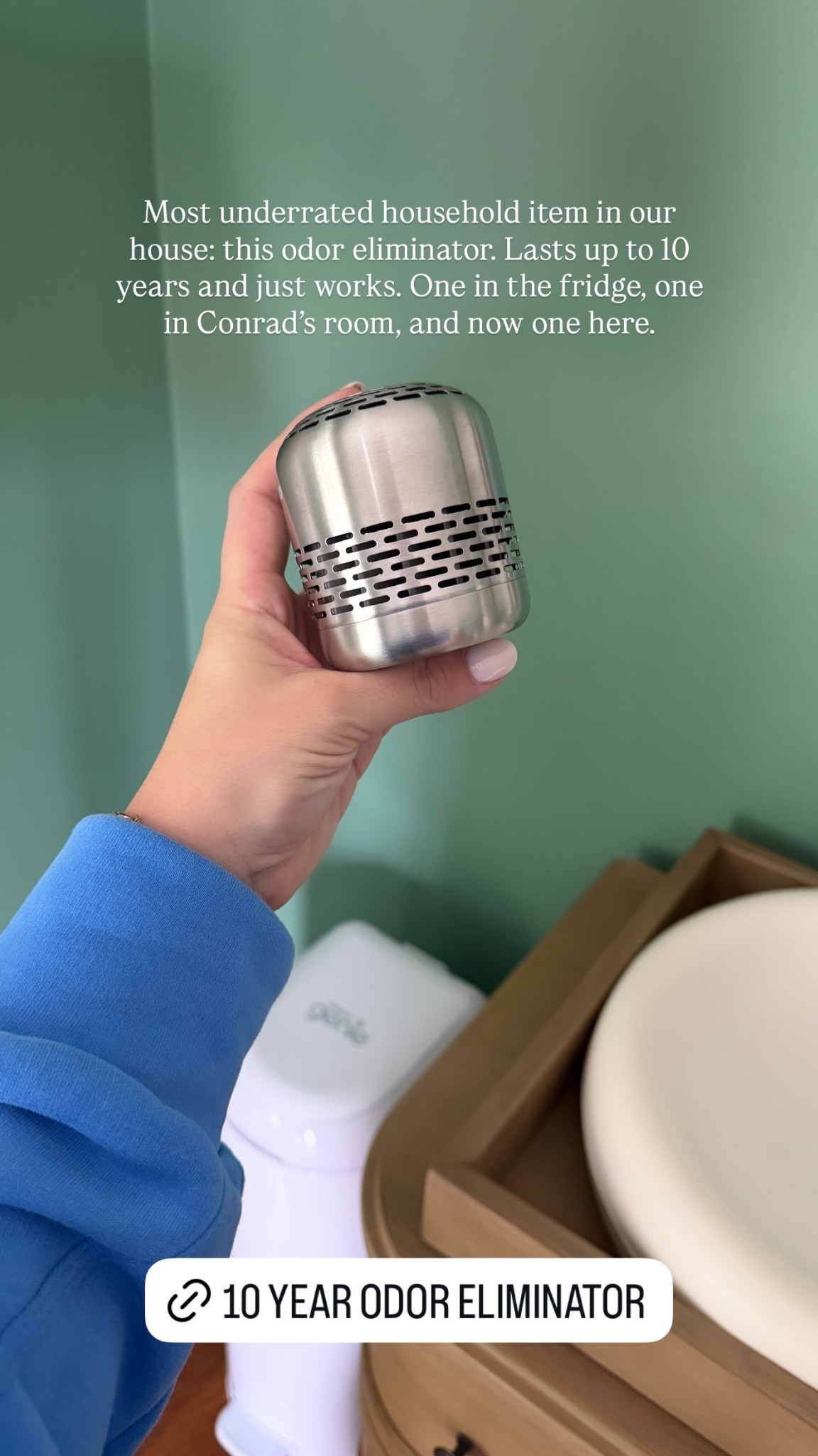 Most underrated household item in our house: this odor eliminator. Lasts up to 10 years and just works. One in the fridge, one in Conrad’s room, and now one here.