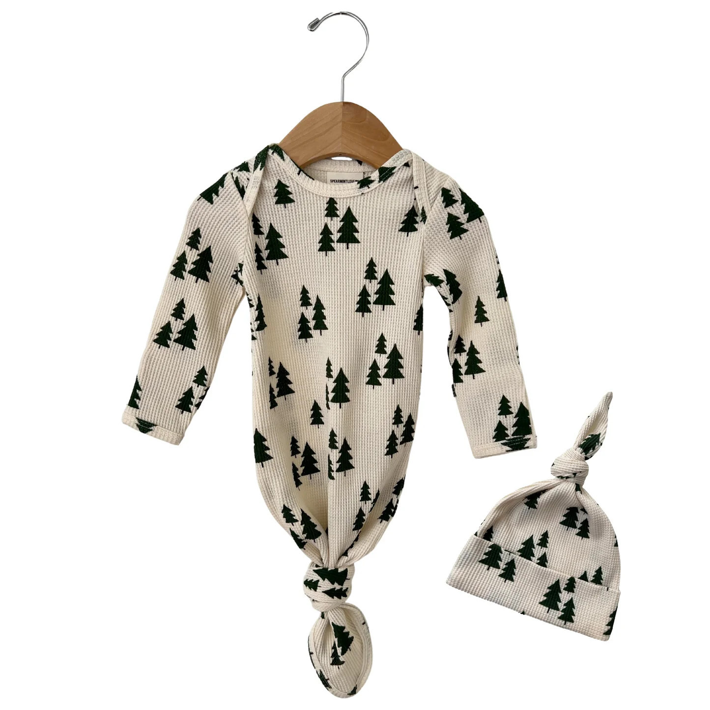 Organic Waffle Knotted Gown & Hat Set, Forest Green Trees | SpearmintLOVE