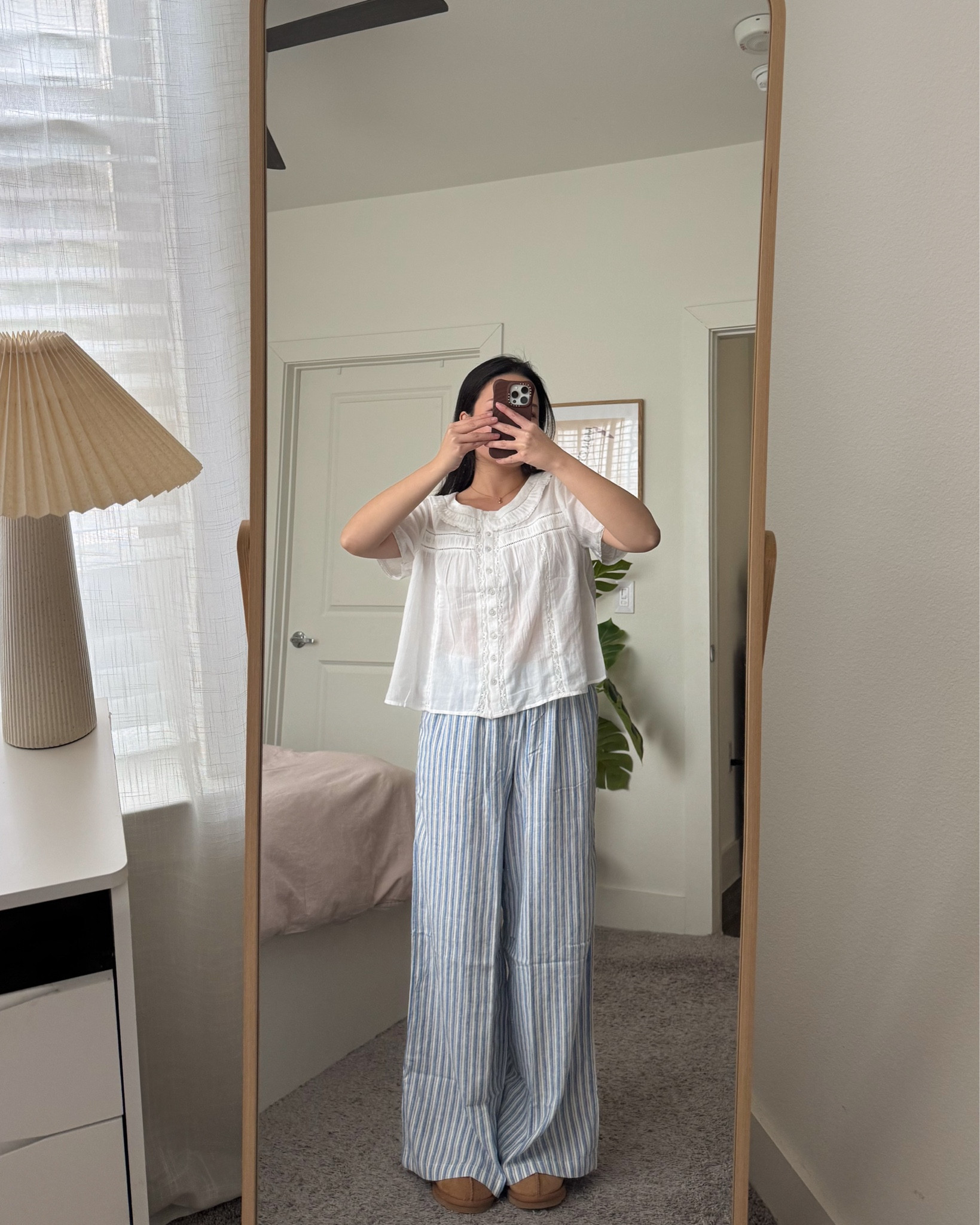 comfy casual girly spring outfit 🤍

sizing:
top: size M
pants: size S

🏷️ aerie spring try on, american eagle, girly blouse, flowy blouse, spring blouse top, white blouse, collared blouse, relaxed linen pants, striped pants, pinterest coastal grandma outfit

#LTKSeasonal #LTKPetite #LTKStyleTip