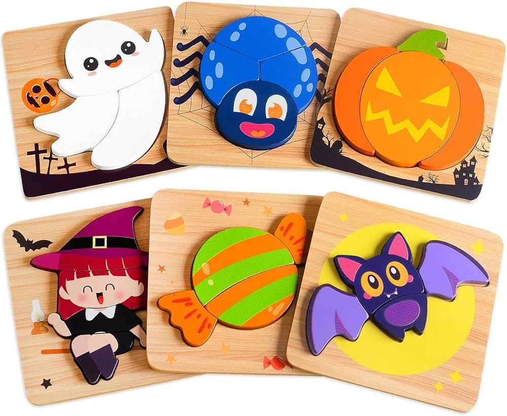 Halloween Wooden Puzzles Toys for Toddlers 1-3, Wooden Puzzles with Pumpkin, Bat, Ghost, Candy, W... | Amazon (US)