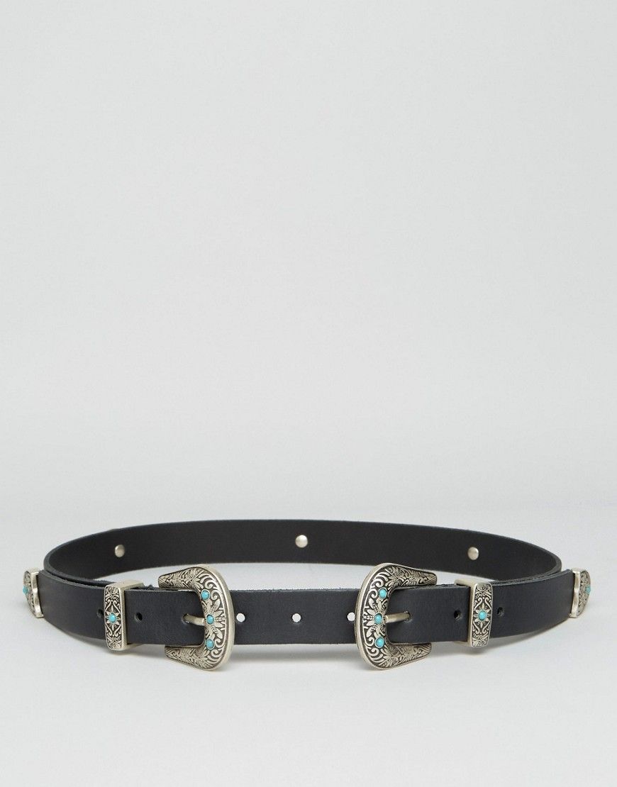 ASOS Leather Double Buckle Turq Stone Waist And Hip Belt - Black | ASOS UK