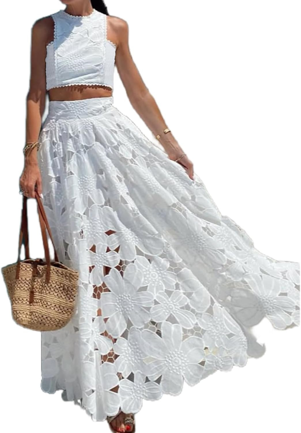 REASERAL Womens Lace Maxi Skirt Outfits Sleeveless Crop Vest Top Sexy Hollow Out Maxi Skirt Beach Vacation Sets White | Amazon (US)