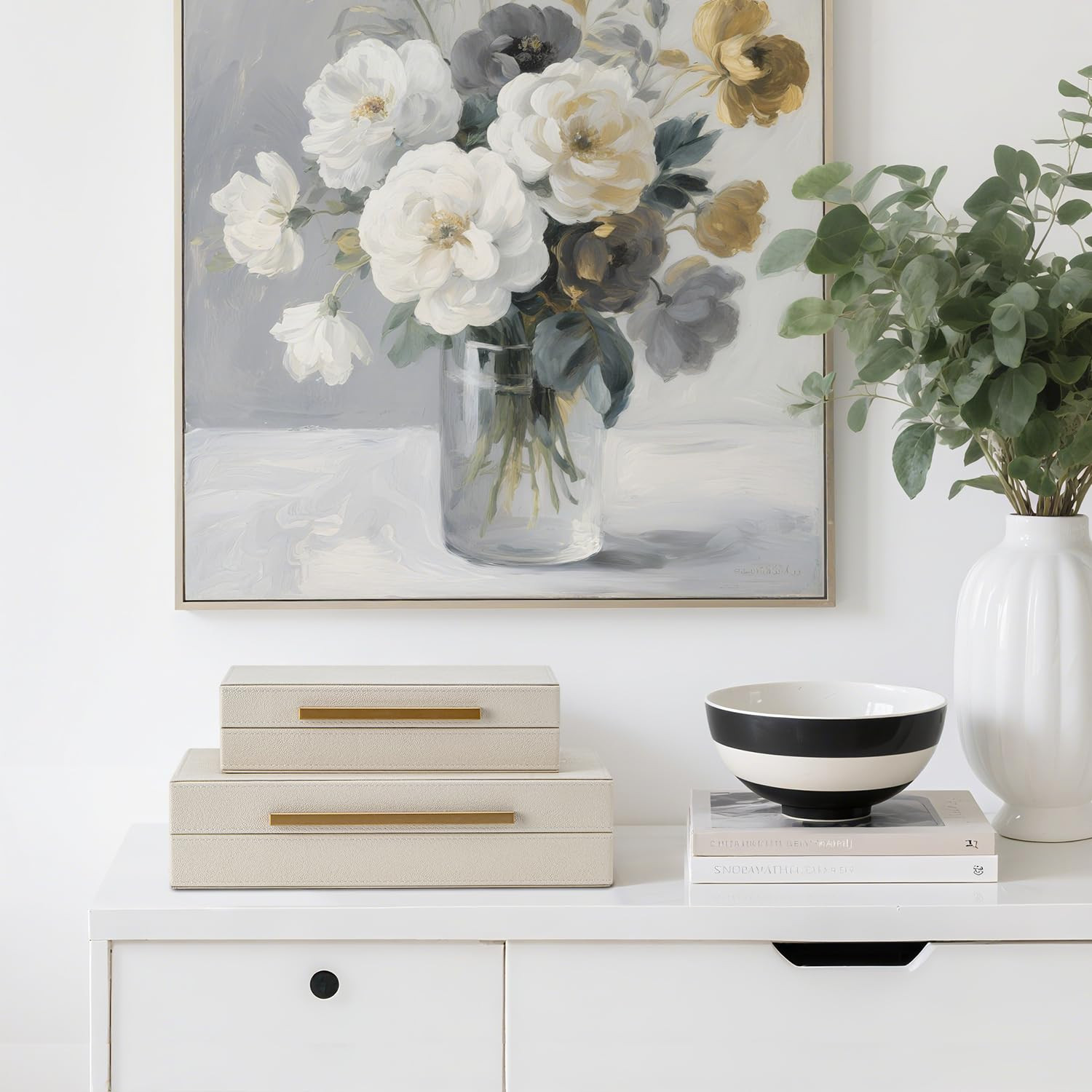 Set of 2 Beige Shagreen Decorative Storage Boxes with Gold Metal Handles – Faux Leather Jewelry... | Amazon (US)